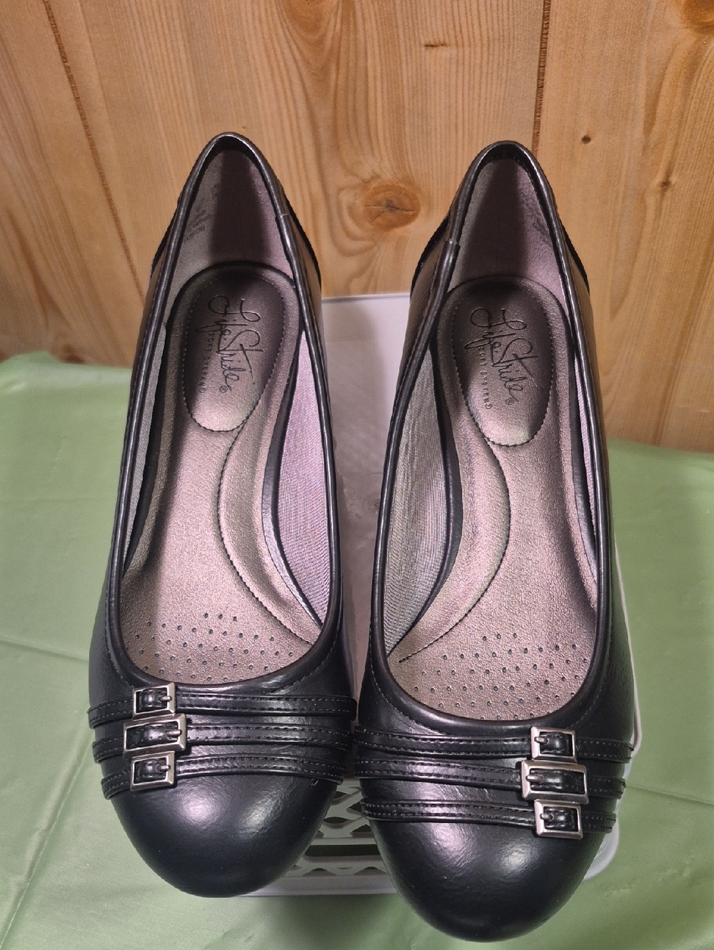 Life Stride Soft System Black Slip On Wedge Flex ; Size 9W